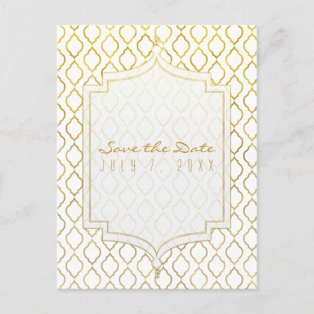 Postal De Anuncios Oro y Blanco Elegante Glam Marroquí Save the Date (Anverso)