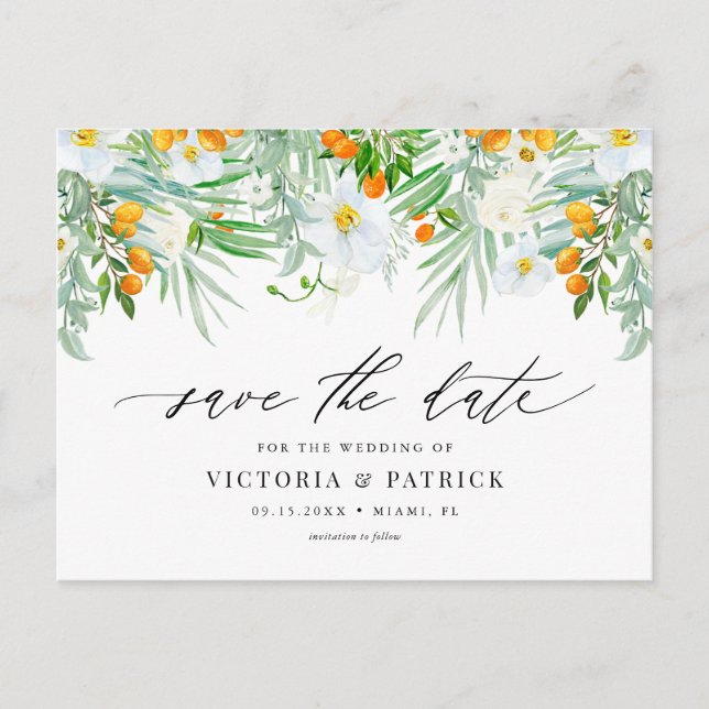 Postal De Anuncios Orquídeas Blancas y Kumquats en Acuarela Save the  (Anverso)