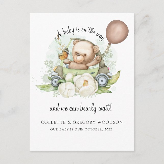 Postal De Anuncios Oso Boho Marrón Verde Salvia Apenas Esperamos  Año (Anverso)