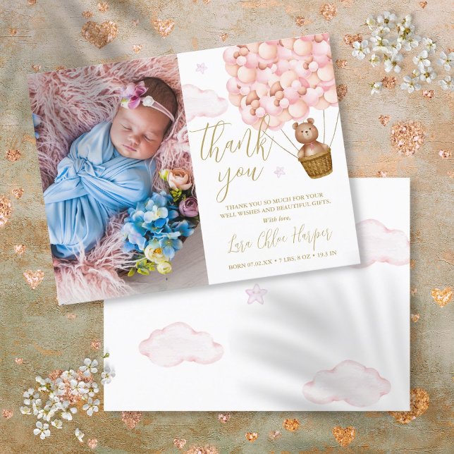 Postal De Anuncios Oso de globos rosados, foto de nacimiento de bebé, (Pink Balloons Bear Thank You Baby Photo Birth Announcement Postcard)