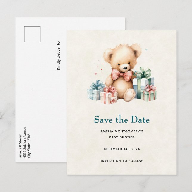 Postal De Anuncios Oso de peluche lindo con regalos Guarde la fecha (Anverso / Reverso)