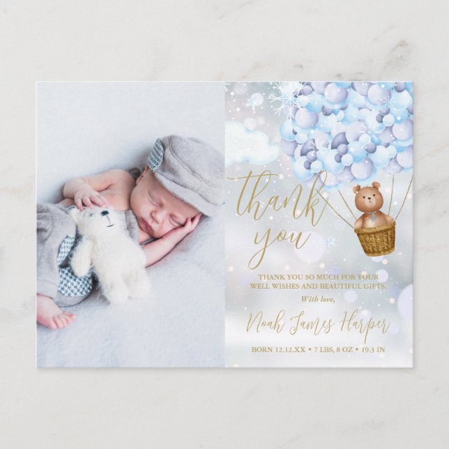 Postal De Anuncios Oso Lindo Azul Gracias Invierno Bebé Foto Nacimien (Anverso)