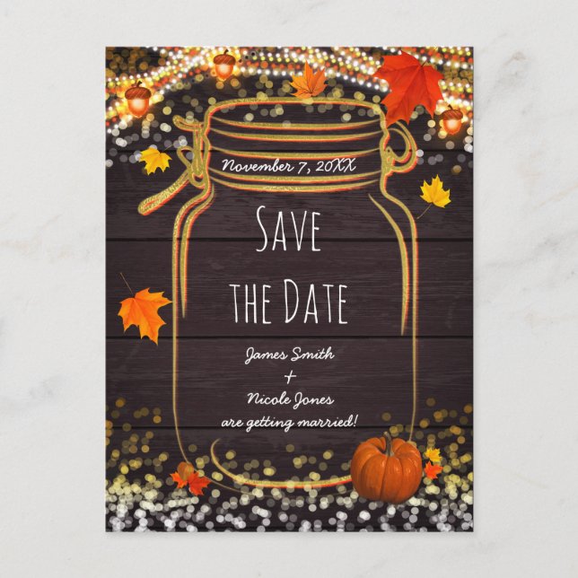 Postal De Anuncios Otoño de otoño de Mason Jar Rustic Save the Date (Anverso)