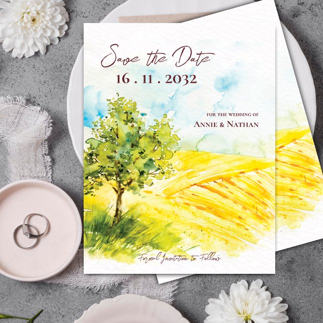 Postal De Anuncios Paisaje Soleado de Campo Amarillo Brillante Boda (Chic Bright Yellow Farmland Landscape Wedding Announcement Postcard)
