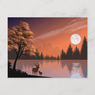 Postal De Anuncios Paisaje Sunrise con Lago y Deers-51207