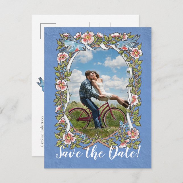 Postal De Anuncios Pájaro Azul Claro Foto Floral Fecha de Boda Guarda (Anverso / Reverso)
