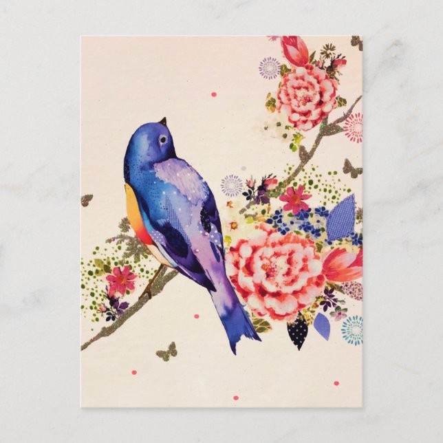 Postal De Anuncios Pájaro Azul Dorado Rojo Floral Mariposa Brillante (Anverso)