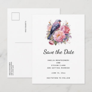 Postal De Anuncios Pájaro Cantando sobre Peonías Rosadas Boda