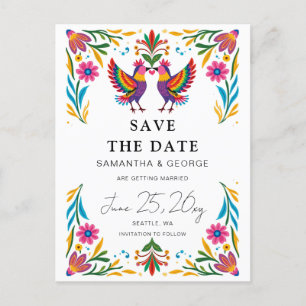 Postal De Anuncios Pájaros Mexicanos Otomi Floral Fiesta Save The Dat