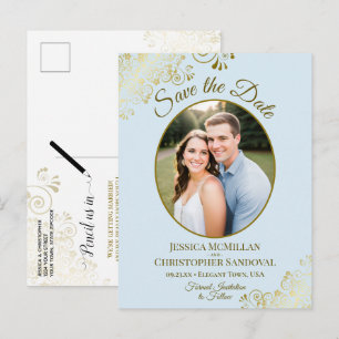 Postal De Anuncios Pale Blue & Gold Save the Date Boda Foto Ovalada