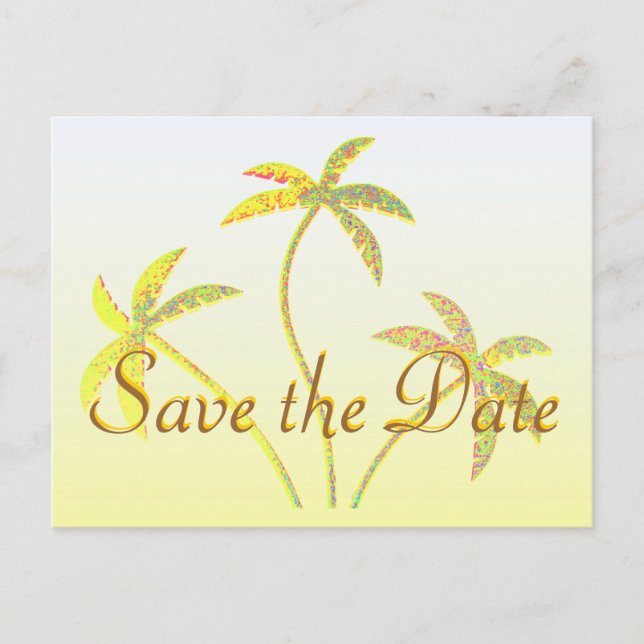 Postal De Anuncios Palm Tree Save the Date Golden Purpurina (Anverso)