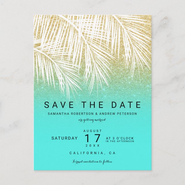 Postal De Anuncios Palmera moderna dorada aqua save the date (Anverso)