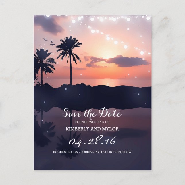 Postal De Anuncios Palmeras de Beach Sunset Save the Date (Anverso)