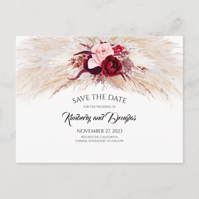 Postal De Anuncios Pampas Grass Burgundy Floral Roja salva la fecha (Anverso)