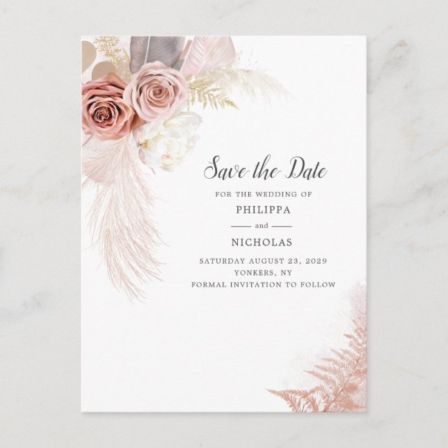 Postal De Anuncios Pampas Grass Floral Script Save The Date (Anverso)