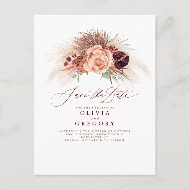 Postal De Anuncios Pampas Grass Floral Terracotta Save the Date (Anverso)