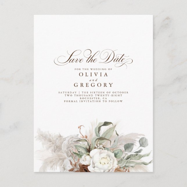Postal De Anuncios Pampas Grass Natural Floral Boho Save the Date (Anverso)