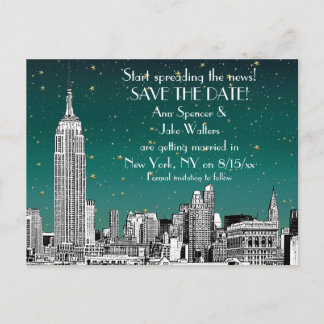Postal De Anuncios Panorama de NYC 01 Grabado Cielo Estrellado Teal S