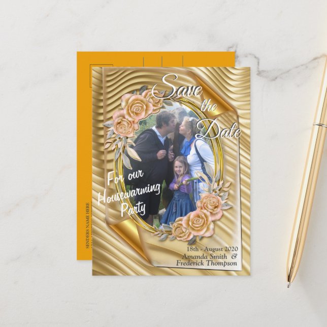 Postal De Anuncios Papel fotográfico dorado con rosas elegantes (Anverso/Reverso In Situ)