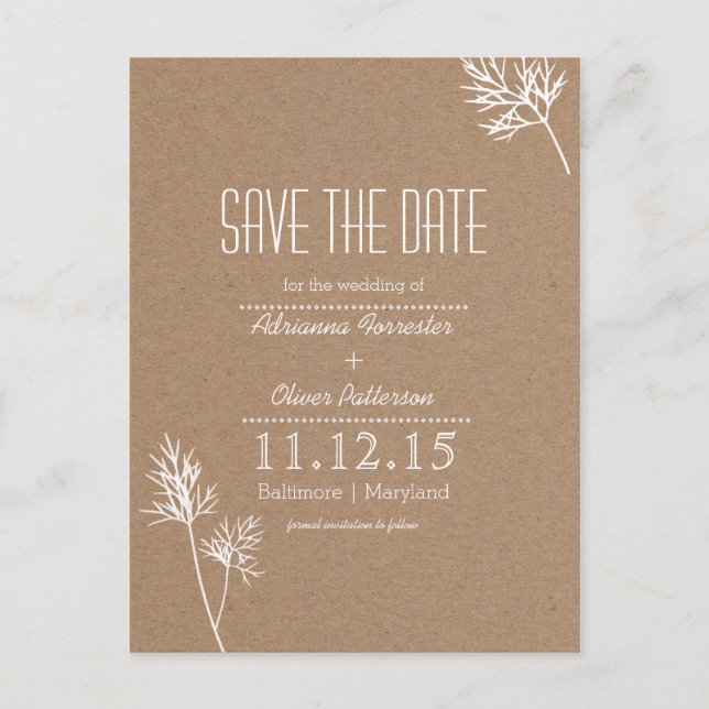 Postal De Anuncios Papel Kraft Marrón y Hojas Blancas Save The Date (Anverso)