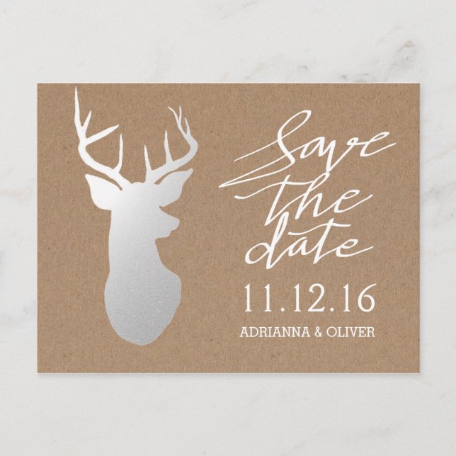 Postal De Anuncios Papel Kraft Rústico Ciervo de Plata Save The Date (Anverso)