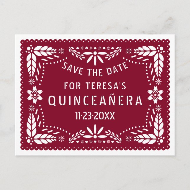 Postal De Anuncios Papel picado burgundy QUINCEAÑERA Guardar la fecha (Anverso)
