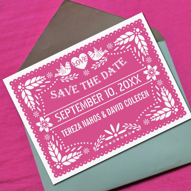 Postal De Anuncios Papel picado lovebirds pink wedding Save the Date (Subido por el creador)