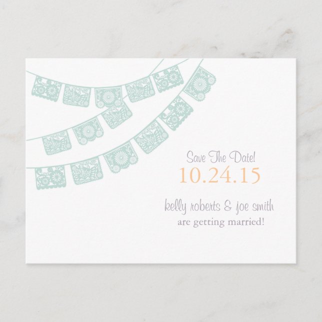 Postal De Anuncios Papel Picado Save the Date verde menta (Anverso)
