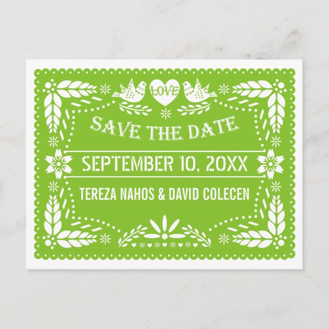 Postal De Anuncios Papel picado tórtolas boda verde Save the Date (Anverso)