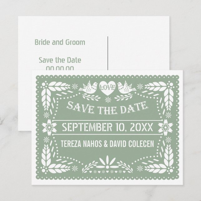 Postal De Anuncios Papel picado verde salvia boda Save the Date (Anverso / Reverso)