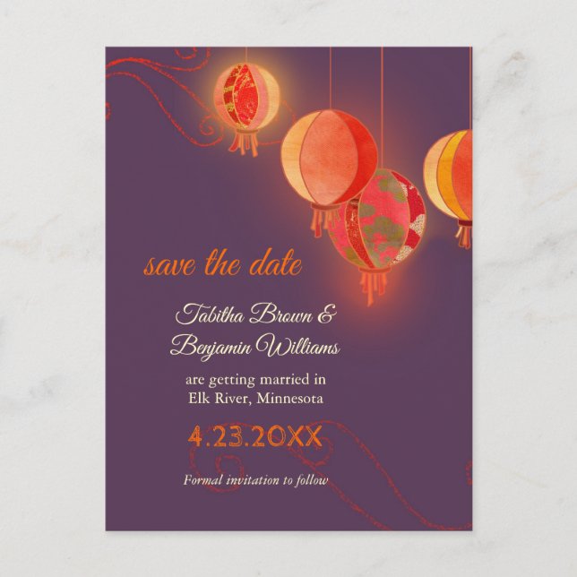 Postal De Anuncios Papel Rojo Patrón Boda púrpura Salvar la fecha (Anverso)