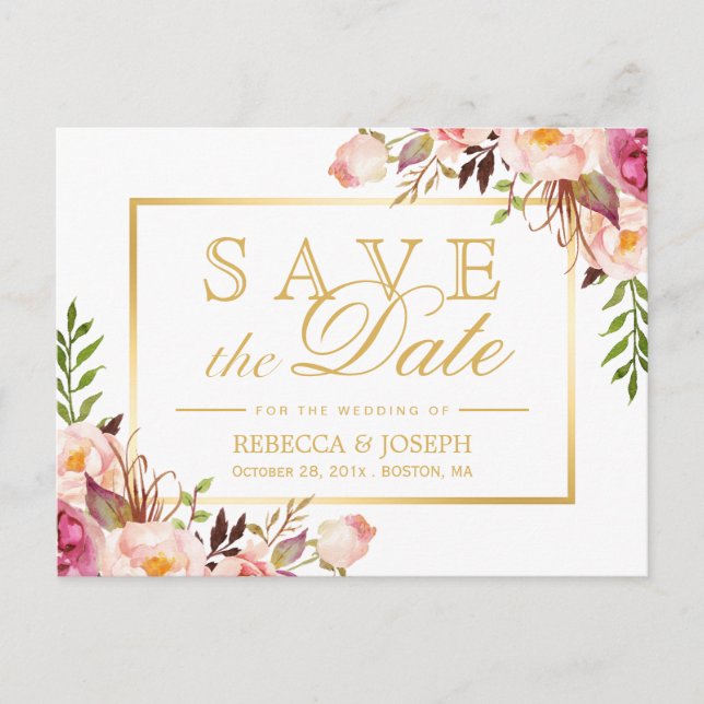 Postal De Anuncios (para USPS) Elegante Oro Floral Rosa Save the Date (Anverso)