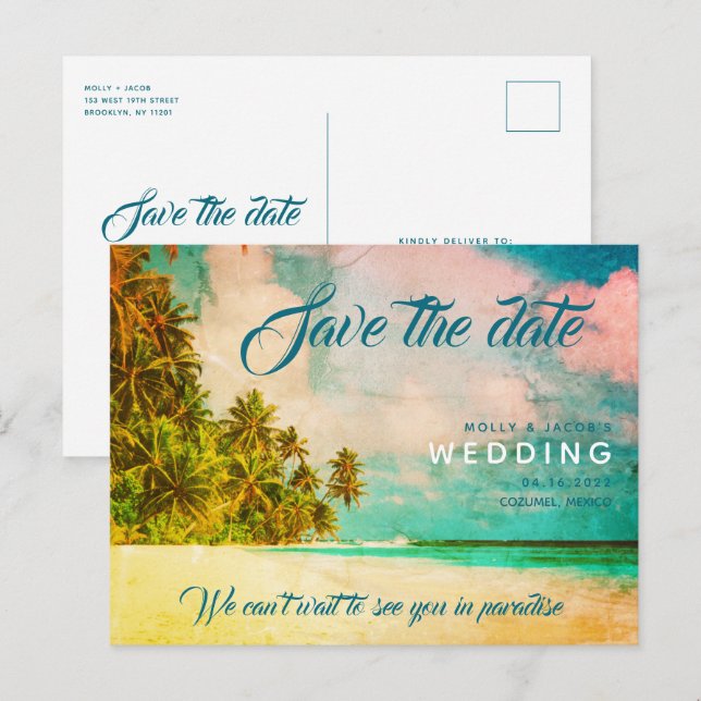 Postal De Anuncios Paradise Beach Destination Wedding Save the Date (Anverso / Reverso)