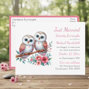 Postal De Anuncios Pareja de búhos caprichosos recién casados rústico