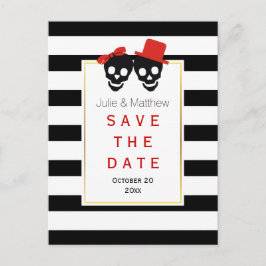 Postal De Anuncios Pareja de cráneos Halloween rojo boda Save the Dat