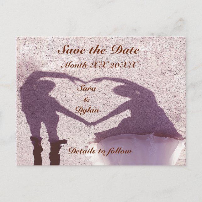 Postal De Anuncios Pareja De Novias Silhouette Heart Sand Save The Da (Anverso)