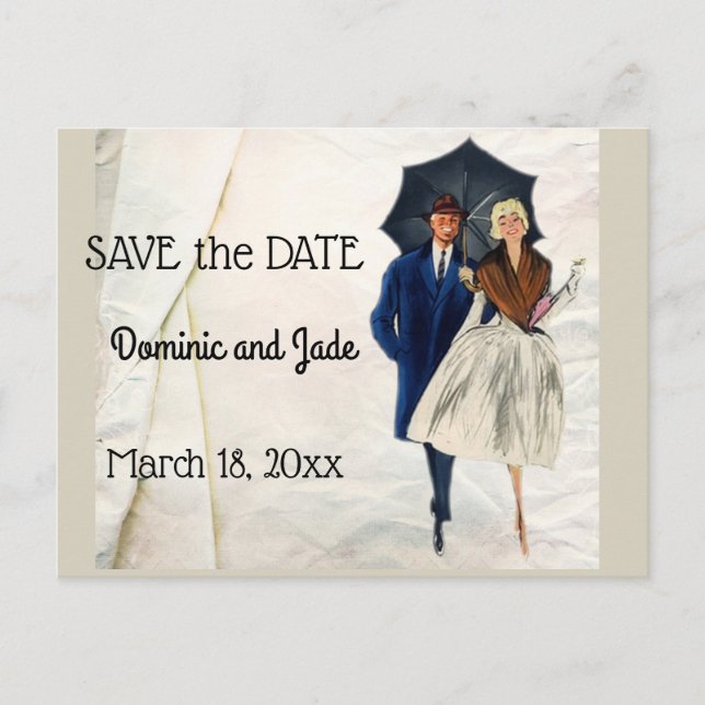 Postal De Anuncios Pareja Retro con Paraguas Save The Date (Anverso)