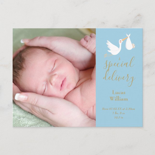 Postal De Anuncios Parto especial Stork Baby Boy Foto Nacimiento Azul (Anverso)