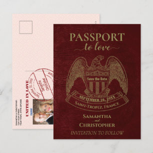 Postal De Anuncios Pasaporte Rojo Cute Fun Wedding Guardar la fecha