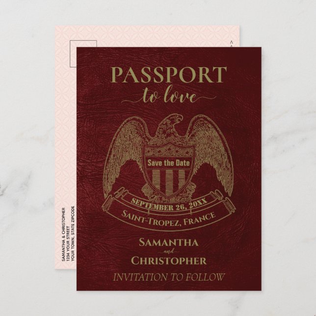 Postal De Anuncios Pasaporte Rojo Cute Fun Wedding Guardar la fecha (Anverso / Reverso)