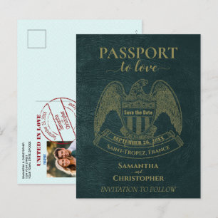 Postal De Anuncios Pasaporte verde azulado Cute Fun Wedding Guardar l