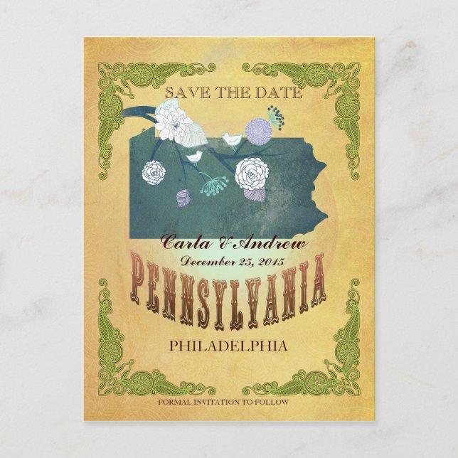 Postal De Anuncios Pastel Amarillo Save The Date-Mapa Con Lindos Pája (Anverso)