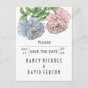 Postal De Anuncios Pastel rosado, boda azul peonies Save the Date