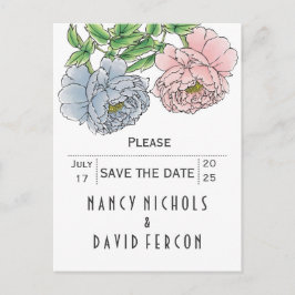 Postal De Anuncios Pastel rosado, boda azul peonies Save the Date