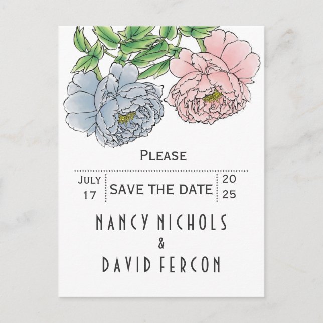Postal De Anuncios Pastel rosado, boda azul peonies Save the Date (Anverso)