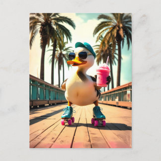 Postal De Anuncios Pato Patinador Divertido Verano Retro