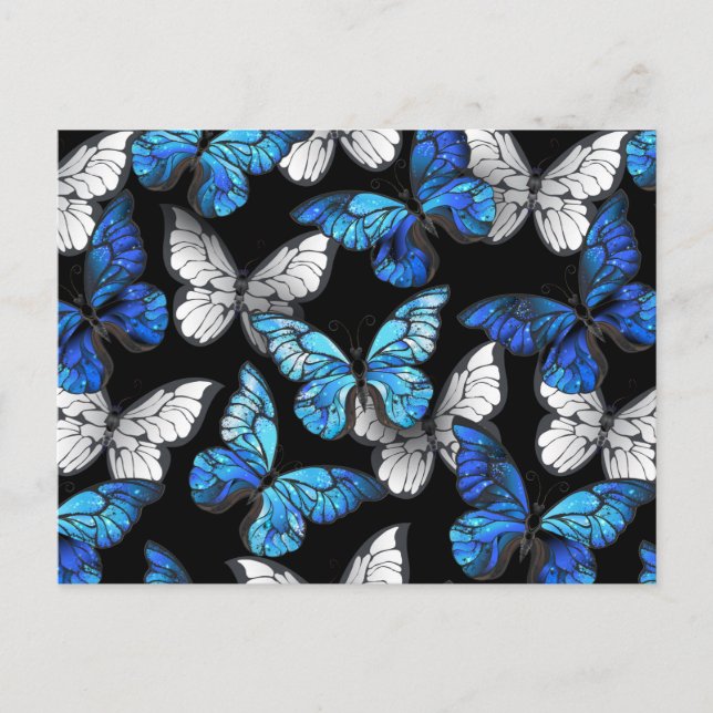 Postal De Anuncios Patrón continuo oscuro con mariposas azules Morpho (Anverso)