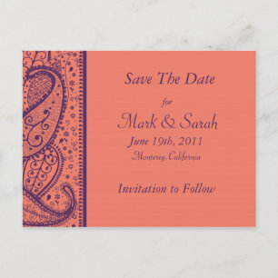 Postal De Anuncios Patrón Coral Paisley Guardar la fecha