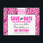 Postal De Anuncios Patrón moderno Monograma Bat Mitzvah Guardar la fe<br><div class="desc">Estilo moderno con colores vivos rosa,  negro y blanco,  con tu inicial en la parte superior. Sólo personaliza con tus detalles para una invitación moderna y elegante.</div>