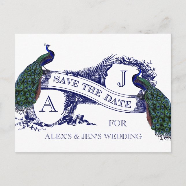 Postal De Anuncios Pavo Real Azul Marino Avisa de Fecha de Boda (Anverso)